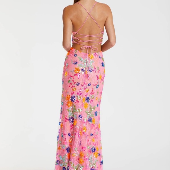 MAC DUGGAL 68067 PINK MULTI EMBELLISHED LACE STRAPPY COLUMN GOWN sz 2 - Picture 4 of 7